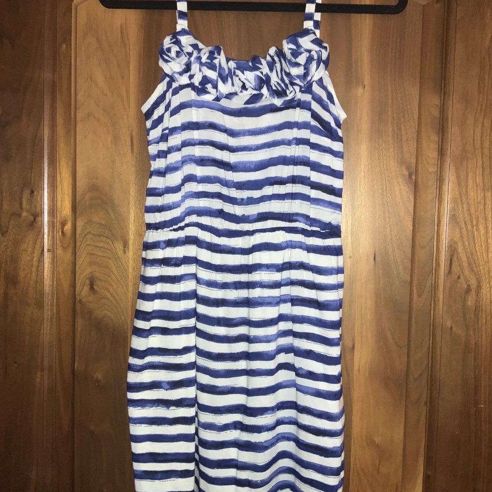 Loft Blue White Stripe Dress Spaghetti Straps Elastic Waist Lined Size 0